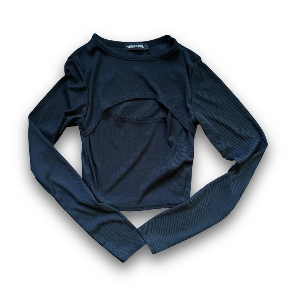 PLT Black Rib Cut Out Long Sleeve Crop Top